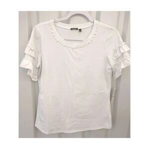 HANNAH Blouse Ruffled Pearl Beaded Accent Sleeve White Small NWT